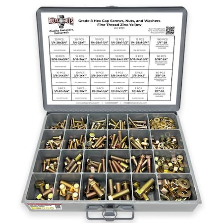 Boltsandnuts.Com Grade 8 Hex Cap Scrws, Hex Nuts, Flat & Lock Wshrs Zinc Yellow 1/4in, 5/16in 3/8in, &1/2in -575PCS Assortment Kit #191